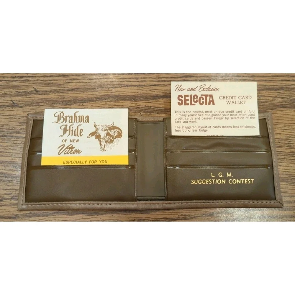 NEW‎ Rare Vintage Vitronic Taupe Brahma Hide Selecta Credit Card Bi-Fold Wallet